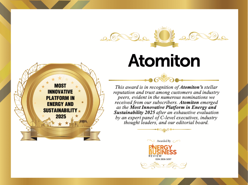 Energy Business Review certificate naming Atomiton the Most Innovative Platform in Energy and Sustainability